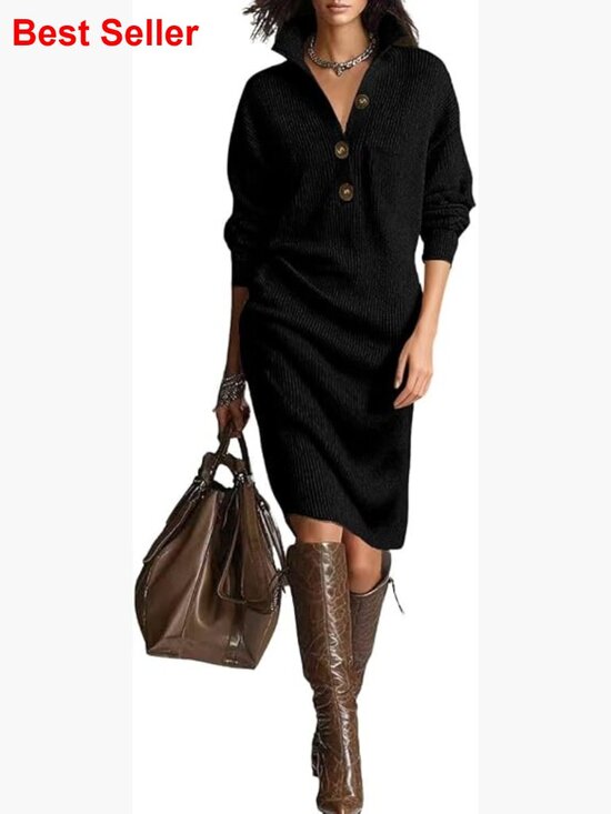 Dresses & Skirts - Vintage Ribbed Knit Sweater Dress with Button Polo Collar
